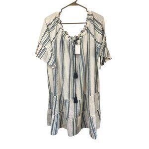 Mlle Gabrielle Women's 3X Boho Striped Summer Dress - White Blue Gray Tassel Tie